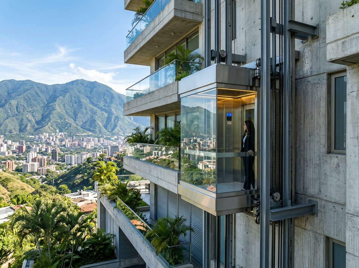 Ascensor de cremallera exterior panorámico de fachada instalado por STAM en Caracas
